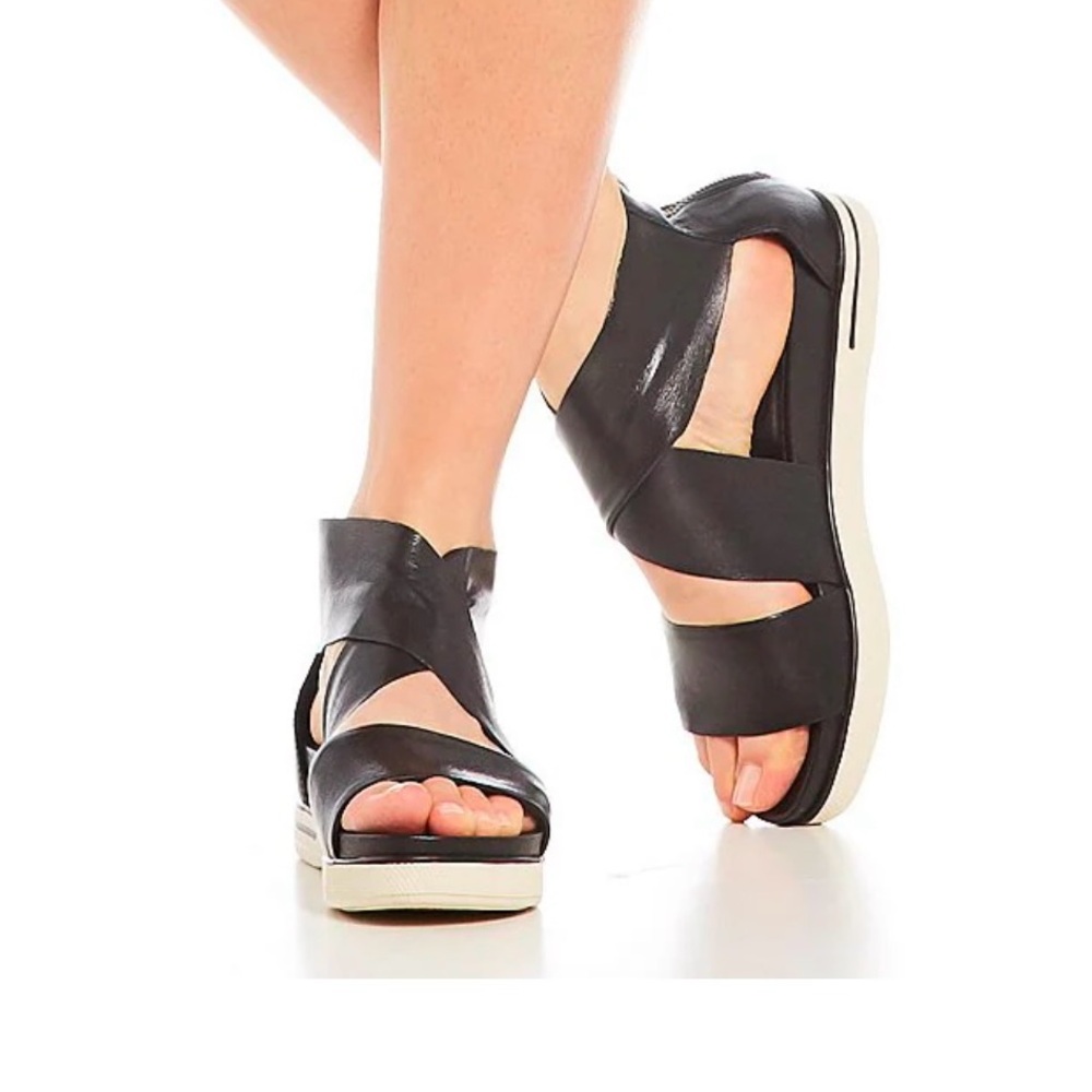Eileen Fisher Black Sport Criss Cross Tumbled Leather Banded Platform Sandals
